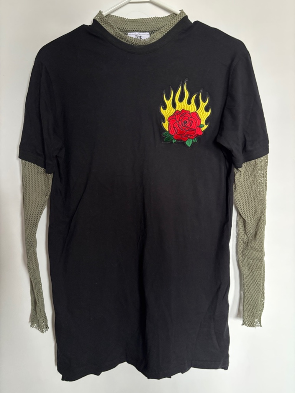 Black Layered Tee with Flaming Rose Graphic